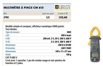 Promotions Chauvin arnoux multimètre à pince cm 610 - Chauvin Arnoux - Valide de 01/01/2021 à 31/12/2021 chez Master Pro