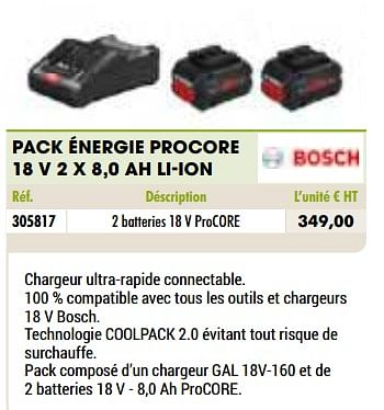 Promotions Bosch pack énergie procore 18 v 2 x 8,0 ah li-ion - Bosch - Valide de 01/01/2021 à 31/12/2021 chez Master Pro