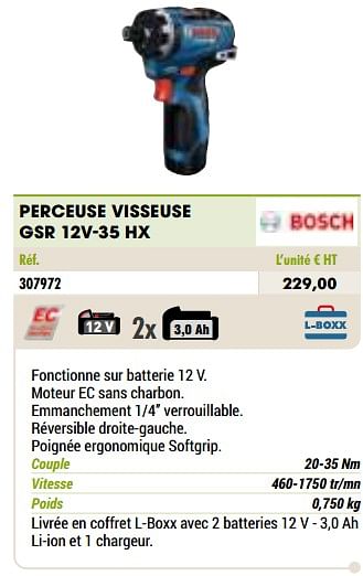 Promotions Bosch perceuse visseuse gsr 12v-35 hx - Bosch - Valide de 01/01/2021 à 31/12/2021 chez Master Pro