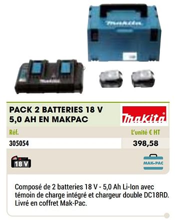 Promotions Makita pack 2 batteries 18 v 5,0 ah en makpac - Makita - Valide de 01/01/2021 à 31/12/2021 chez Master Pro