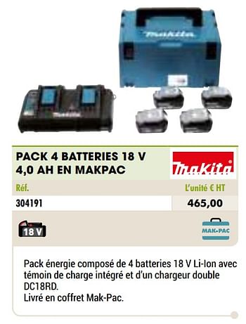Promotions Makita pack 4 batteries 18 v 4,0 ah en makpac - Makita - Valide de 01/01/2021 à 31/12/2021 chez Master Pro