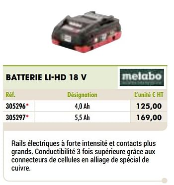 Promotions Metabo batterie li-hd 18 v - Metabo - Valide de 01/01/2021 à 31/12/2021 chez Master Pro