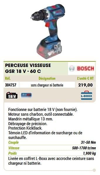 Promotions Perceuse visseuse gsr 18 v - 60 c - Bosch - Valide de 01/01/2021 à 31/12/2021 chez Master Pro