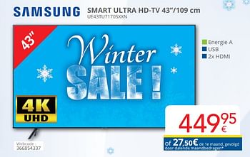 Promoties Samsung smart ultra hd-tv 43``-109 cm ue43tu7170sxxn - Samsung - Geldig van 01/02/2021 tot 28/02/2021 bij Eldi