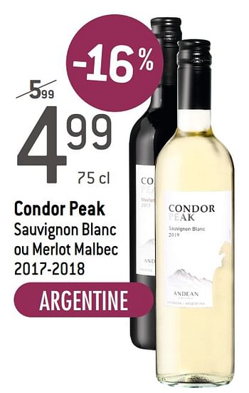 Promotions Condor peak sauvignon blanc ou merlot malbec 2017-2018 - Vins rouges - Valide de 03/02/2021 à 09/03/2021 chez Smatch