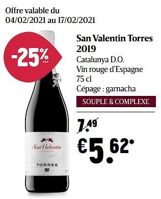 Promotions San valentin torres 2019 catalunya d.o. vin rouge d`espagne - Vins rouges - Valide de 04/02/2021 à 10/02/2021 chez Delhaize