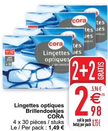 Promotions Lingettes optiques brillendoekjes cora - Produit maison - Cora - Valide de 09/02/2021 à 15/09/2021 chez Cora
