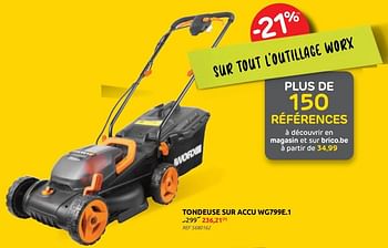 Promotions Tondeuse sur accu wg799e.1 worx - Worx - Valide de 10/02/2021 à 01/03/2021 chez BricoPlanit