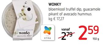 Promoties Wonky bloemkool truffel dip, guacamole pikant of avocado hummus - Wonky - Geldig van 11/02/2021 tot 24/02/2021 bij Spar (Colruytgroup)