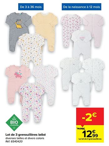 Promotions Lot de 3 grenouillères bébé - Tex - Valide de 10/02/2021 à 22/02/2021 chez Carrefour