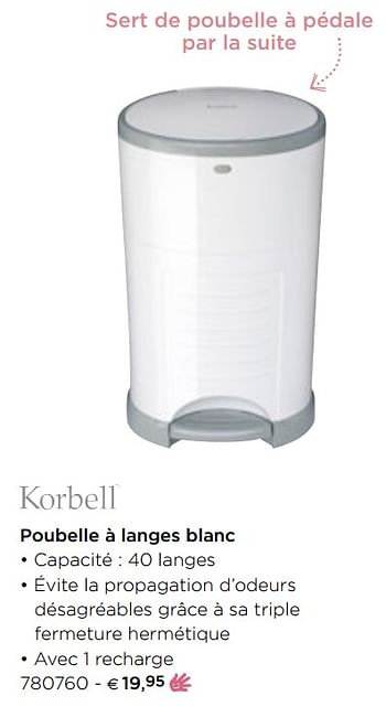Promotions Poubelle à langes blanc - Korbell - Valide de 05/02/2021 à 31/12/2021 chez Dreambaby