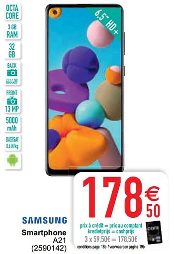 Promoties Samsung smartphone a21 - Samsung - Geldig van 16/02/2021 tot 01/03/2021 bij Cora