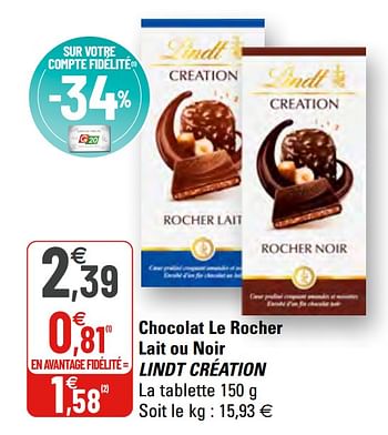 Promotions Chocolat le rocher lait ou noir lindt création - Lindt - Valide de 17/02/2021 à 28/02/2021 chez G20