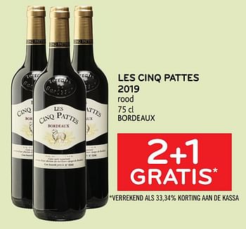 Promoties Les cinq pattes 2019 rood 2+1 gratis - Rode wijnen - Geldig van 24/02/2021 tot 09/03/2021 bij Alvo