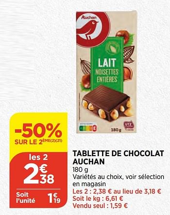 Promoties Tablette de chocolat auchan - Auchan - Geldig van 24/02/2021 tot 01/03/2021 bij Atac