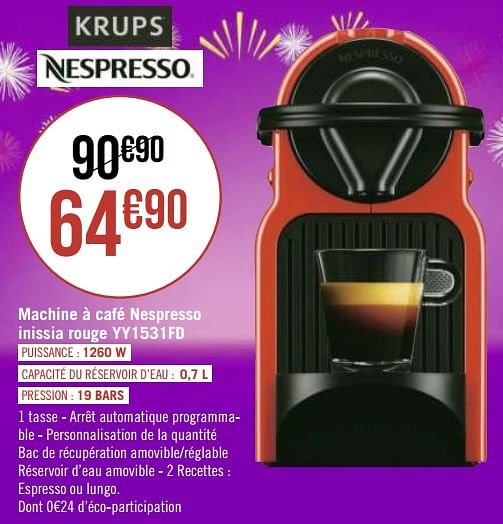 Nespresso Krups Machine à Café Inissia Rouge Cafetière Espresso à Dosettes  YY1531FD