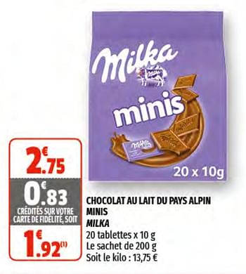 Promotions Chocolat au lait du pays alpin minis milka - Milka - Valide de 17/02/2021 à 28/02/2021 chez Coccinelle