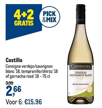 Promoties Castilla consigna verdejo-sauvignon blanc `18, tempranillo-shiraz `18 of garnacha rosé `18 - Witte wijnen - Geldig van 24/02/2021 tot 09/03/2021 bij Makro