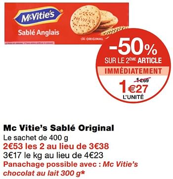 Promoties Mc vitie`s sablé original - McVitie's - Geldig van 17/02/2021 tot 28/02/2021 bij MonoPrix