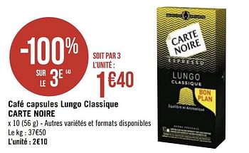 Promotions Café capsules lungo classique carte noire - CarteNoire - Valide de 22/02/2021 à 07/03/2021 chez Géant Casino