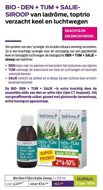 Promoties Bio den+tijm+salie siroop - Ladrome - Geldig van 01/03/2021 tot 01/04/2021 bij Mannavita