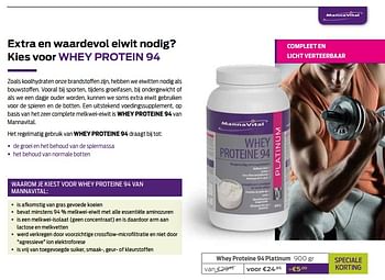 Promotions Whey proteine 94 platinum - Mannavital - Valide de 01/03/2021 à 01/04/2021 chez Mannavita