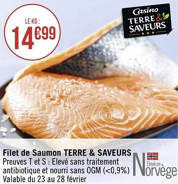 Promotions Filet de saumon terre + saveurs - Produit Maison - Géant Casino - Valide de 22/02/2021 à 07/03/2021 chez Géant Casino