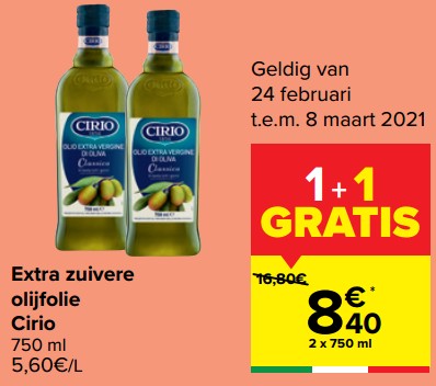 Promoties Extra zuivere olijfolie cirio - CIRIO - Geldig van 24/02/2021 tot 08/03/2021 bij Carrefour