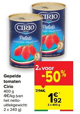 Promotions Gepelde tomaten cirio - CIRIO - Valide de 24/02/2021 à 08/03/2021 chez Carrefour