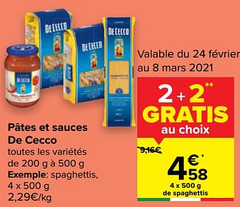 Promotions Pâtes et sauces de cecco spaghettis - De Cecco - Valide de 24/02/2021 à 08/03/2021 chez Carrefour