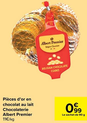 Promotions Pièces d`or en chocolat au lait chocolaterie albert premier - Albert Premier - Valide de 24/02/2021 à 08/03/2021 chez Carrefour