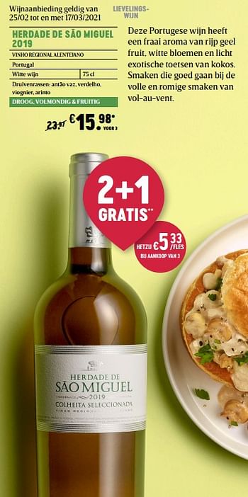 Promoties Herdade de são miguel 2019 vinho regional alentejano portugal witte wijn - Witte wijnen - Geldig van 25/02/2021 tot 03/03/2021 bij Delhaize