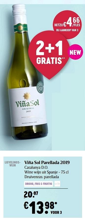 Promotions Viña sol parellada 2019 catalunya d.o. witte wijn uit spanje - Vins blancs - Valide de 25/02/2021 à 03/03/2021 chez Delhaize
