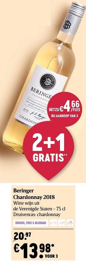 Promoties Beringer chardonnay 2018 witte wijn uit de verenigde staten - Witte wijnen - Geldig van 25/02/2021 tot 03/03/2021 bij Delhaize