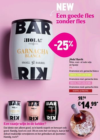 Promoties ¡hola! barrik druivenras wit garnacha blanca - Witte wijnen - Geldig van 25/02/2021 tot 03/03/2021 bij Delhaize