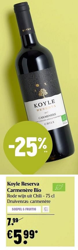 Promoties Koyle reserva carmenère bio rode wijn uit chili - Rode wijnen - Geldig van 25/02/2021 tot 03/03/2021 bij Delhaize