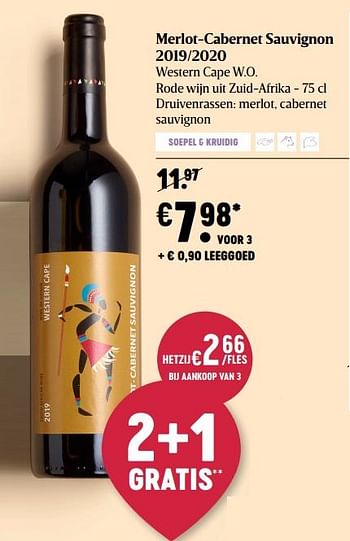 Promoties Merlot-cabernet sauvignon 2019-2020 western cape w.o. rode wijn uit zuid-afrika - Rode wijnen - Geldig van 25/02/2021 tot 03/03/2021 bij Delhaize