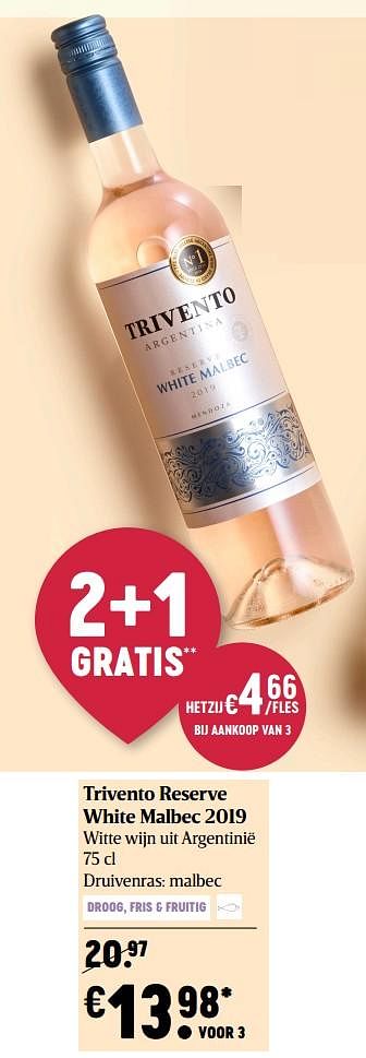 Promoties Trivento reserve white malbec 2019 witte wijn uit argentinië - Witte wijnen - Geldig van 25/02/2021 tot 03/03/2021 bij Delhaize