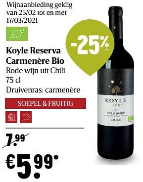 Promoties Koyle reserva carmenère bio rode wijn uit chili - Rode wijnen - Geldig van 25/02/2021 tot 03/03/2021 bij Delhaize