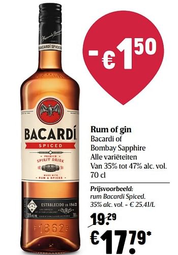 Promoties Rum bacardi spiced - Bacardi - Geldig van 25/02/2021 tot 03/03/2021 bij Delhaize