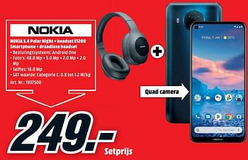 Promotions Nokia 5.4 polar night + headset e1200 smartphone + draadloze headset - Nokia - Valide de 22/02/2021 à 28/02/2021 chez Media Markt