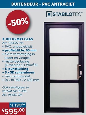 Promoties Buitendeur - pvc antraciet 3-delig mat glas - Stabilotec - Geldig van 02/03/2021 tot 29/03/2021 bij Zelfbouwmarkt