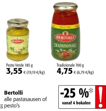 Promoties Bertolli alle pastasausen of pesto`s - Bertolli - Geldig van 24/02/2021 tot 09/03/2021 bij Colruyt