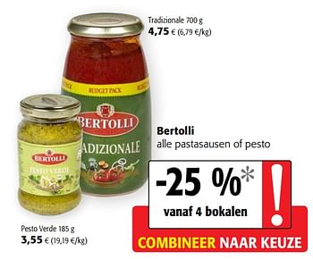 Promoties Bertolli alle pastasausen of pesto - Bertolli - Geldig van 24/02/2021 tot 09/03/2021 bij Colruyt