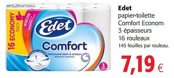 Promotions Edet papier-toilette comfort econom 3 épaisseurs 16 rouleaux - Edet - Valide de 24/02/2021 à 09/03/2021 chez Colruyt