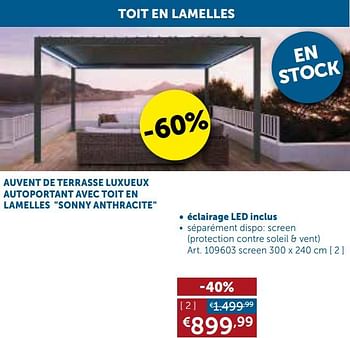 Promotions Auvent de terrasse luxueux autoportant avec toit en lamelles sonny anthracite - Produit maison - Zelfbouwmarkt - Valide de 02/03/2021 à 29/03/2021 chez Zelfbouwmarkt