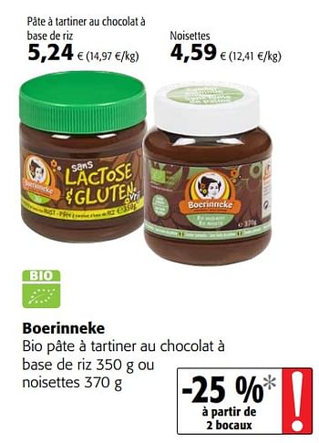 Promotions Boerinneke bio pâte à tartiner au chocolat à base de riz ou noisettes - 't Boerinneke - Valide de 24/02/2021 à 09/03/2021 chez Colruyt