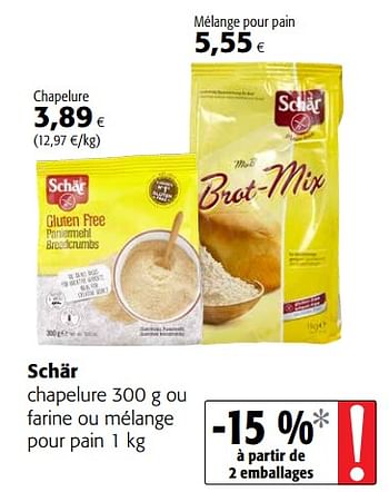 Promotions Schär chapelure ou farine ou mélange pour pain - Schar - Valide de 24/02/2021 à 09/03/2021 chez Colruyt