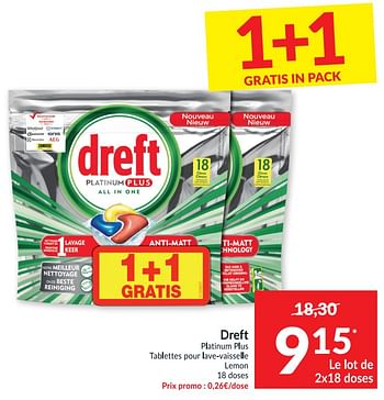Promotions Dreft platinum plus tablettes pour lave-vaisselle lemon - Dreft - Valide de 02/03/2021 à 07/03/2021 chez Intermarche