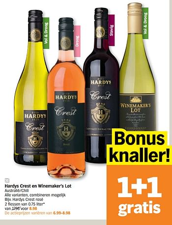 Promotions Hardys crest en winemaker`s lot - Vins rouges - Valide de 01/03/2021 à 07/03/2021 chez Albert Heijn